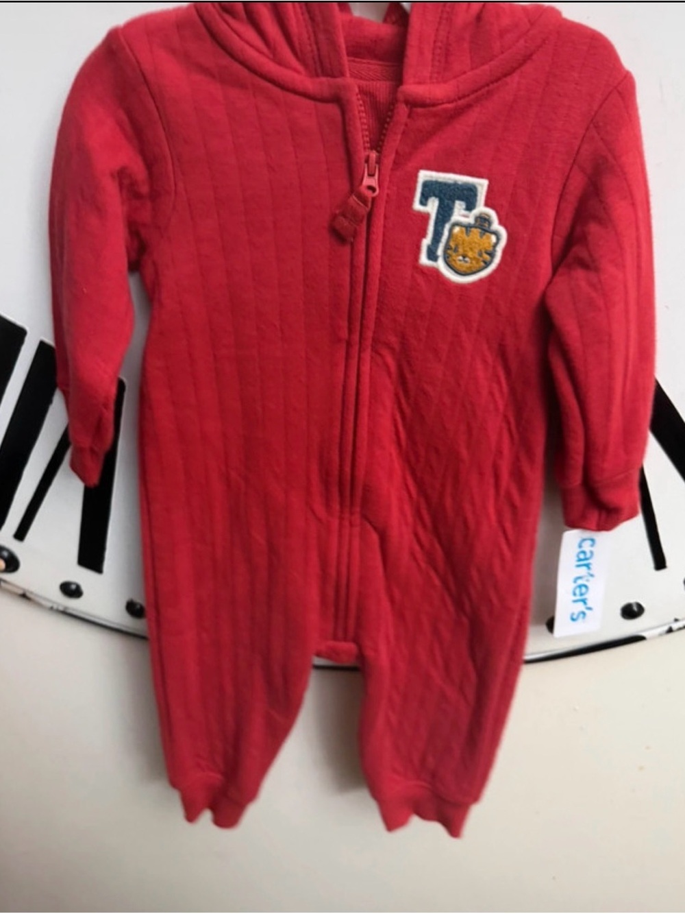 Carter's Red Quilted Hooded Zipper Footie with Patch